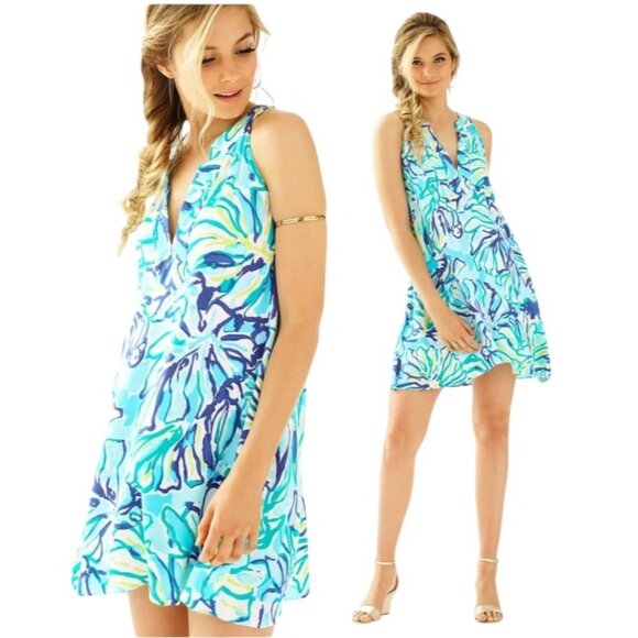 Lilly Pulitzer Dress Women Medium Blue Achelle Pool Blue Stay Cool Swing Mini - Picture 1 of 11